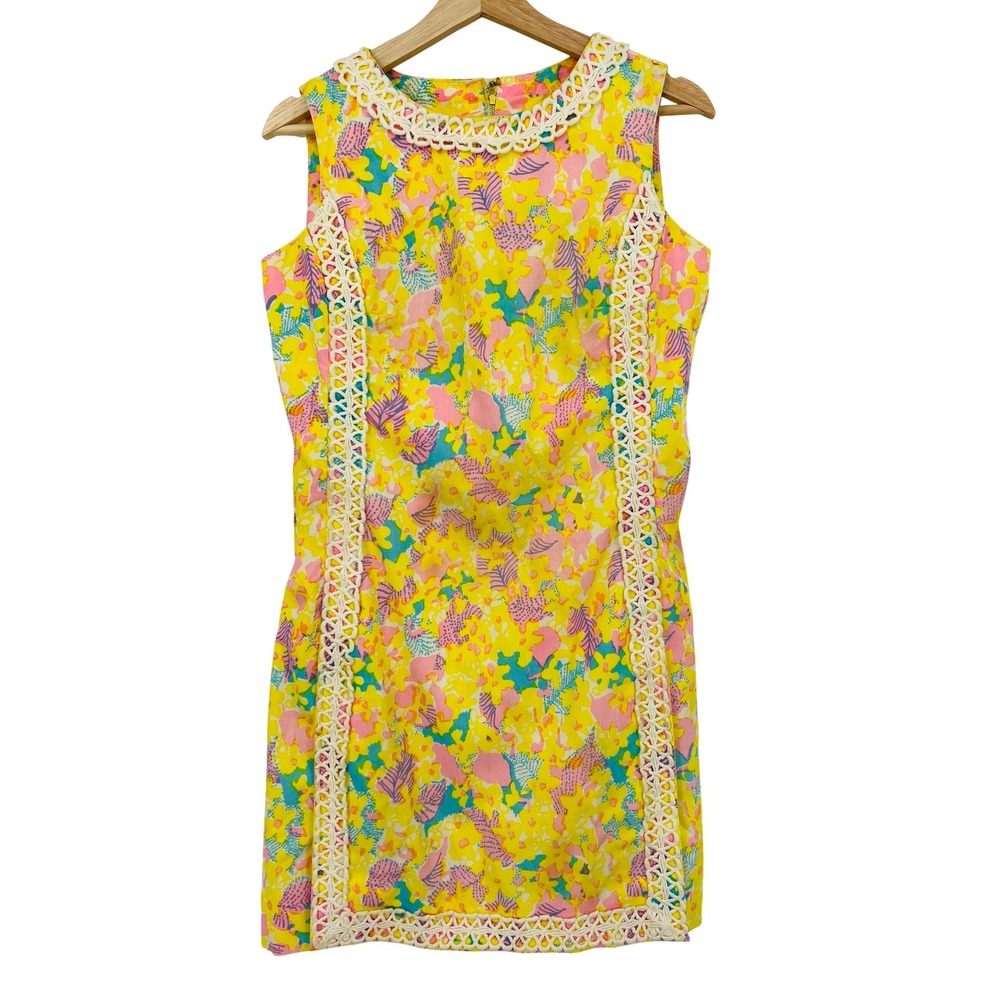 Vintage Lilly Pulitzer Shift Dress Women Yellow Floral Lace Trim Sleeveless Mini